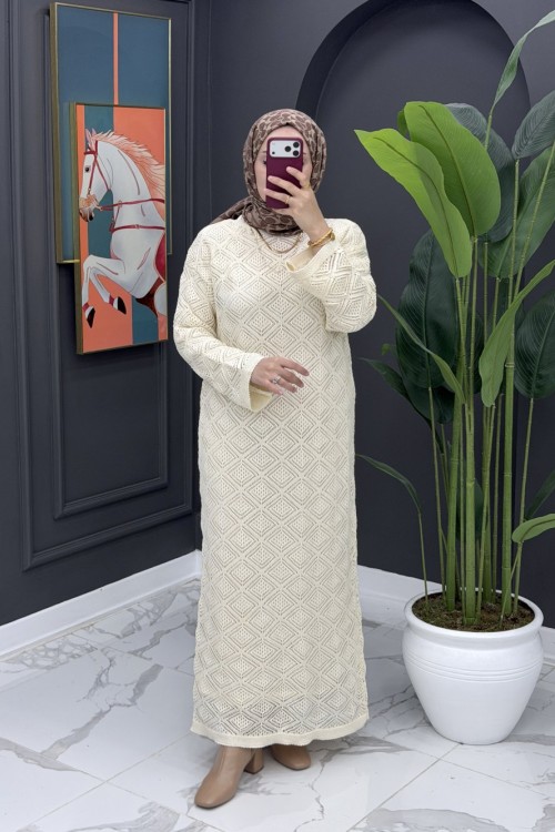 Örme İçlikli Elbise - Bej