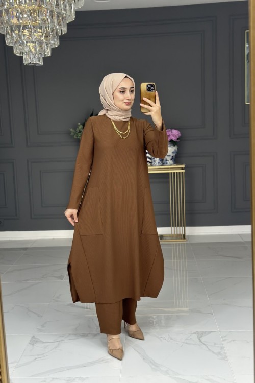 özlem örme uzun takım - kahve