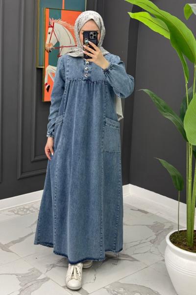 Premium Cepli Kot Elbise - Mavi