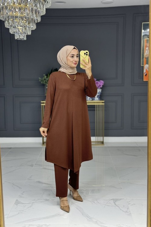 Sabire uzun tesettur takım - kahve
