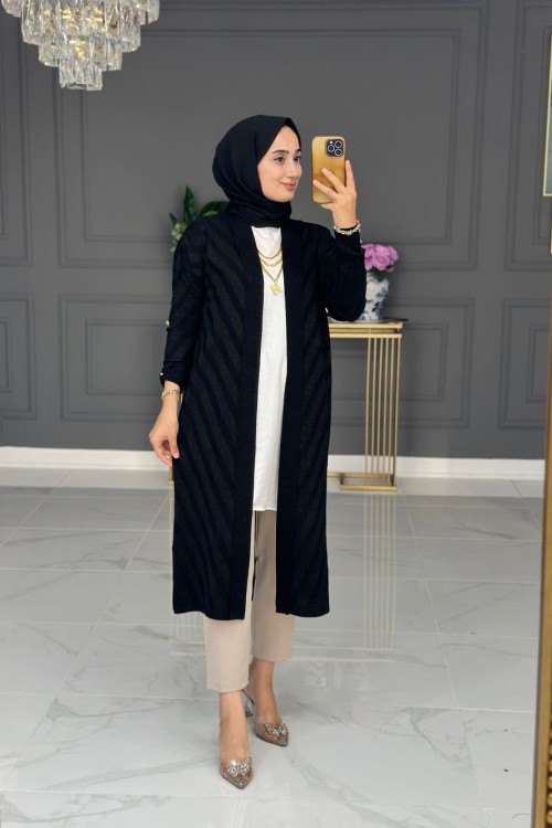 Şadiye Triko Hırka Uzun - Siyah