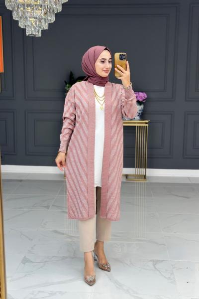 Şadiye Triko Hırka Uzun - gül