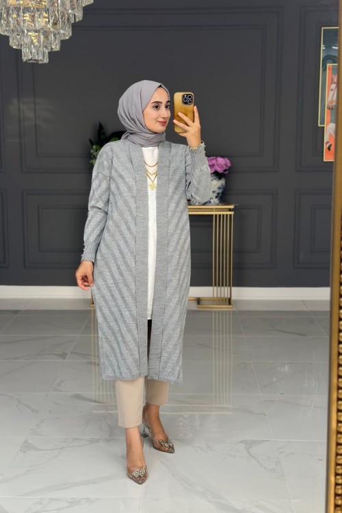 Şadiye Triko Hırka Uzun -    gri