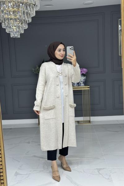 Simla uzun triko hırka - bej