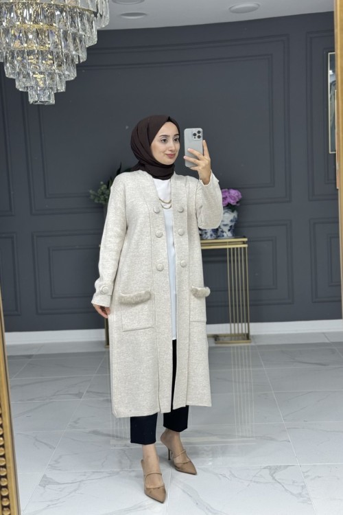 Simla uzun triko hırka - bej