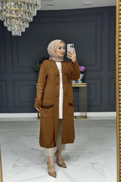 Simla uzun triko hırka -kahve