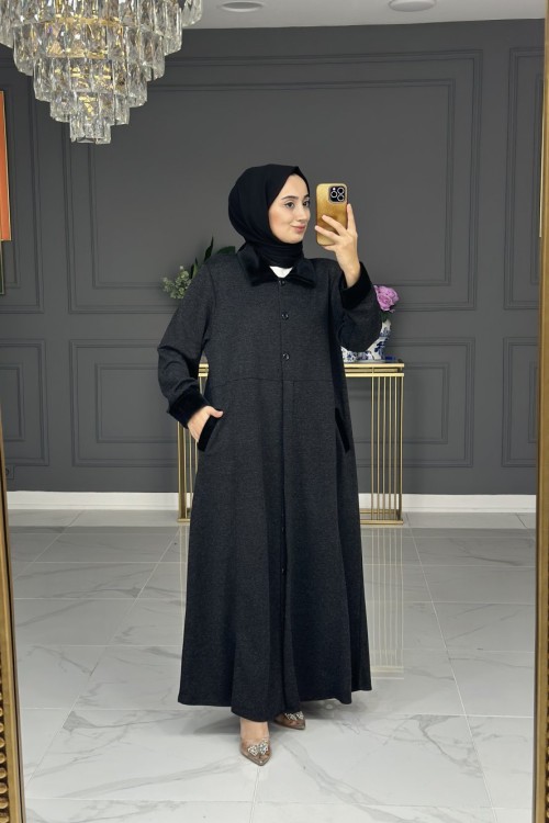 Yaprak büyük beden ferace - siyah