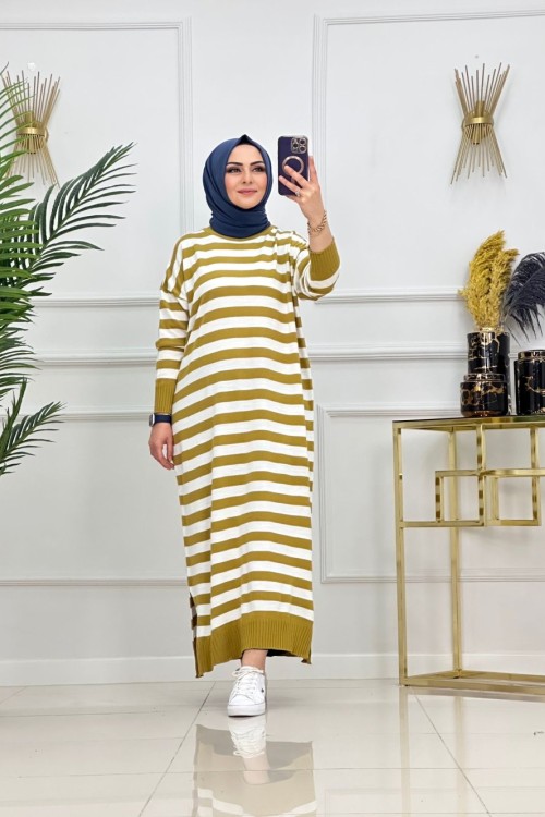 CANSEL ÇİZGİLİ TRİKO TUNİK-YAĞ YEŞİLİ