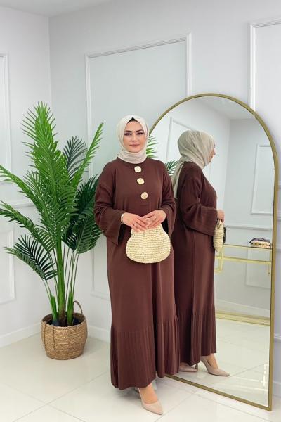 CANSU DÜĞMELİ ELBİSE - ACI KAHVE