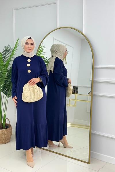 CANSU DÜĞMELİ ELBİSE - LACİVERT