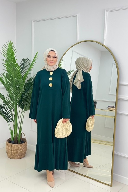 CANSU DÜĞMELİ ELBİSE - ZÜMRÜT