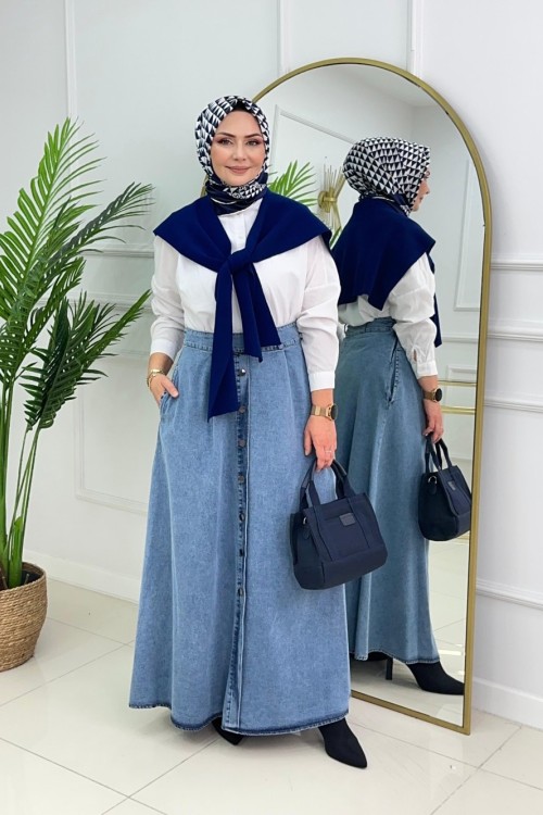 DÜĞMELİ DENİM ETEK - MAVİ