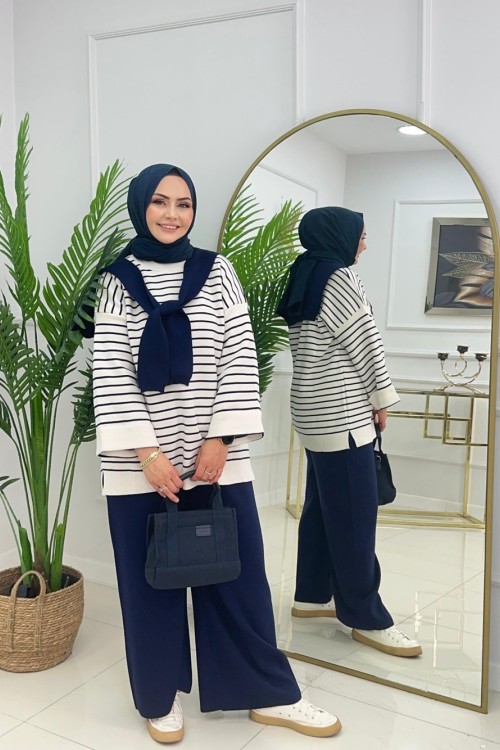 FULARLI TRİKO TAKIM - LACİVERT