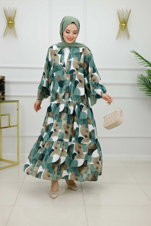 HAZAL VİSKON ELBİSE-YEŞİL