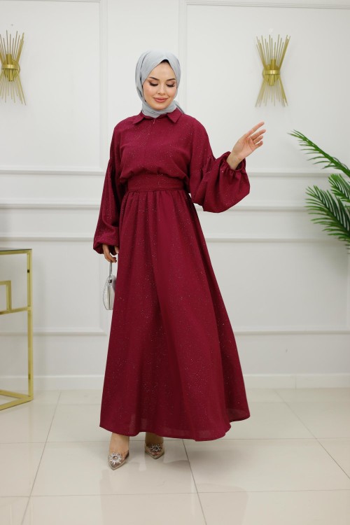 IŞILTI ELBİSE-BORDO