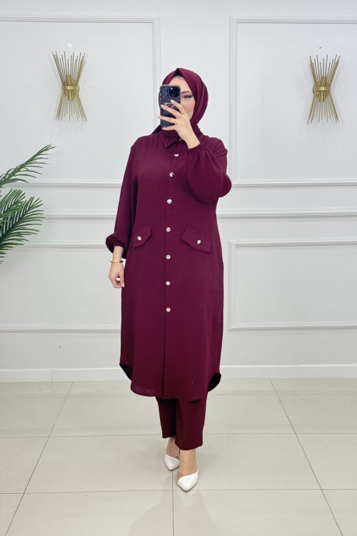 MELİKE DÜĞMELİ TAKIM-BORDO