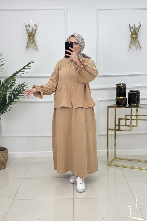 MÜSLİN ETEKLİ TAKIM- CAMEL