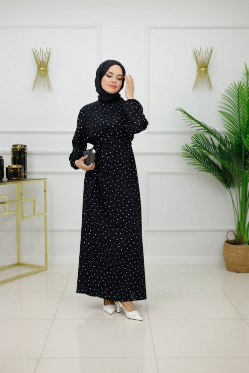 NEHİR ELBİSE -SİYAH PUANTİYELİ
